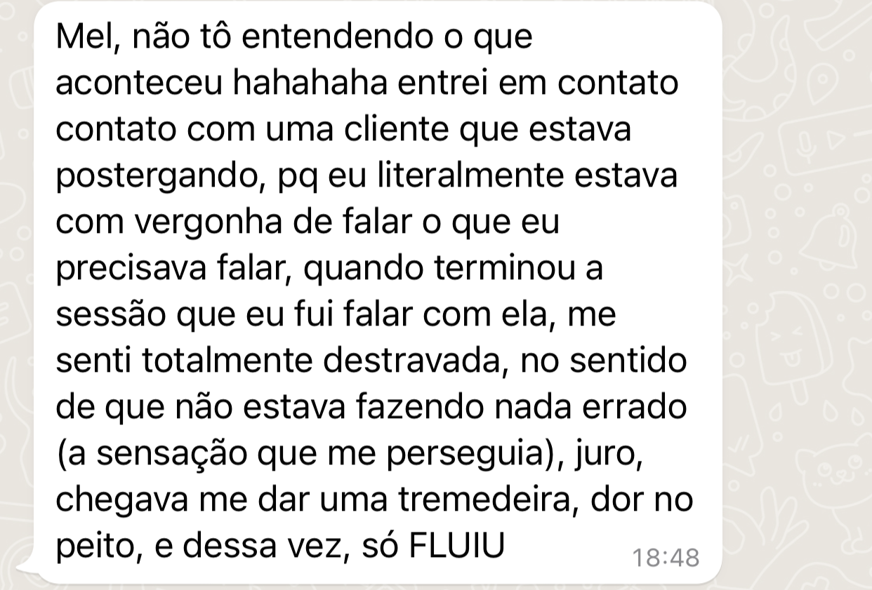 Mensagem sobre destravamento na comunicação após a sessão de hipnose e constelação