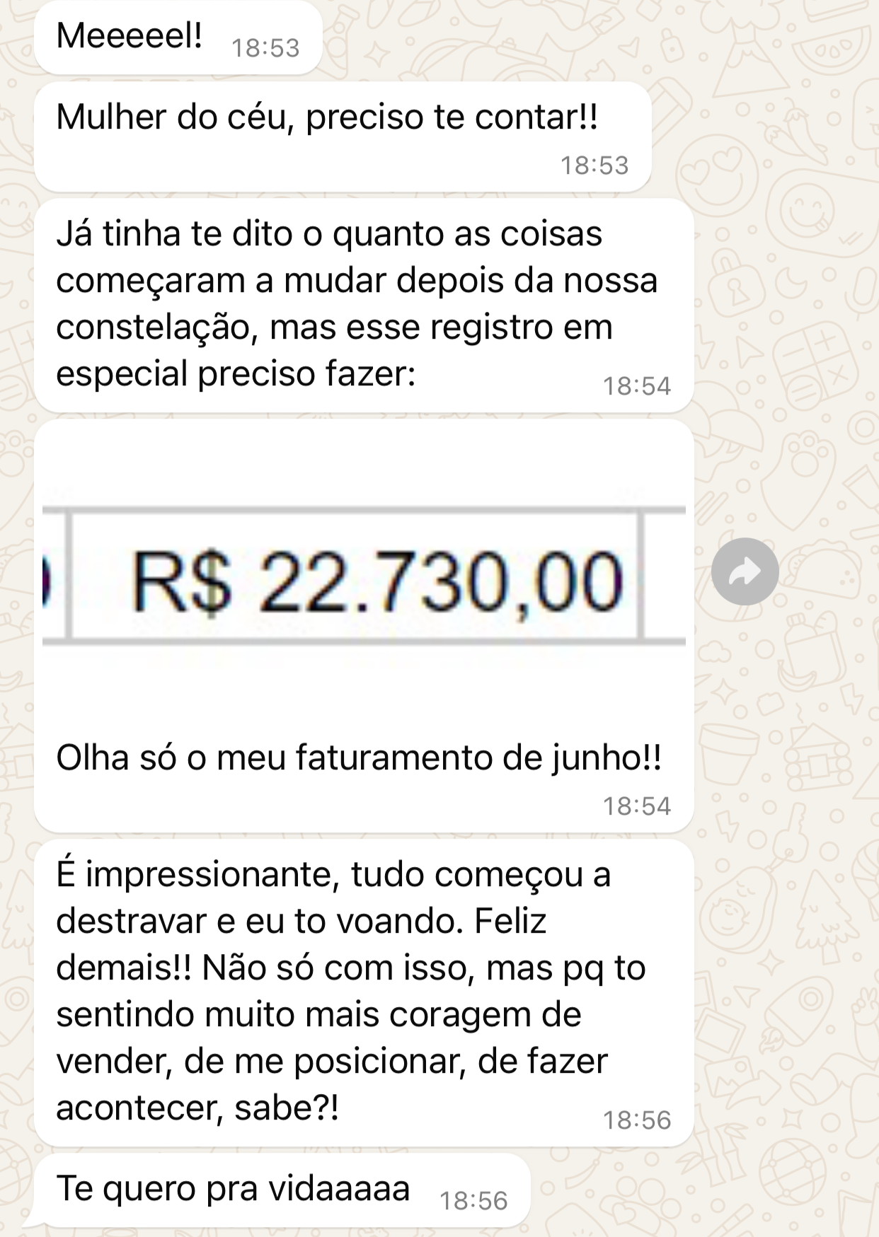 Mensagem de Daniela mostrando seu faturamento após a constelação